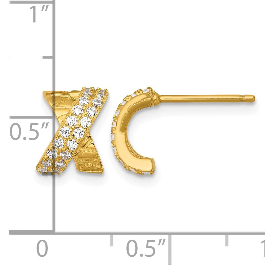Sterling Silver Gold-tone Polished and Grooved -X- CZ Post Earrings