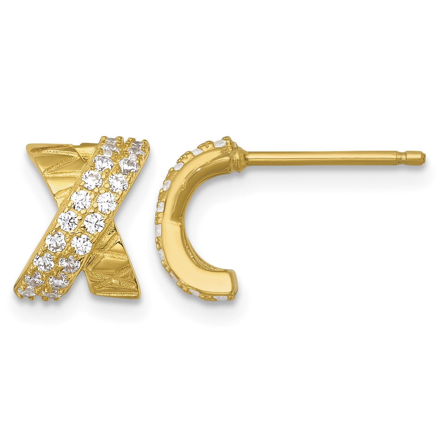 Sterling Silver Gold-tone Polished and Grooved -X- CZ Post Earrings