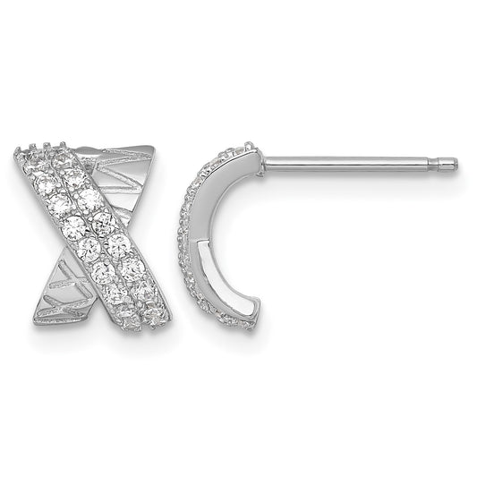 Sterling Silver Rhodium-plated Polished and Grooved -X- CZ Post Earrings