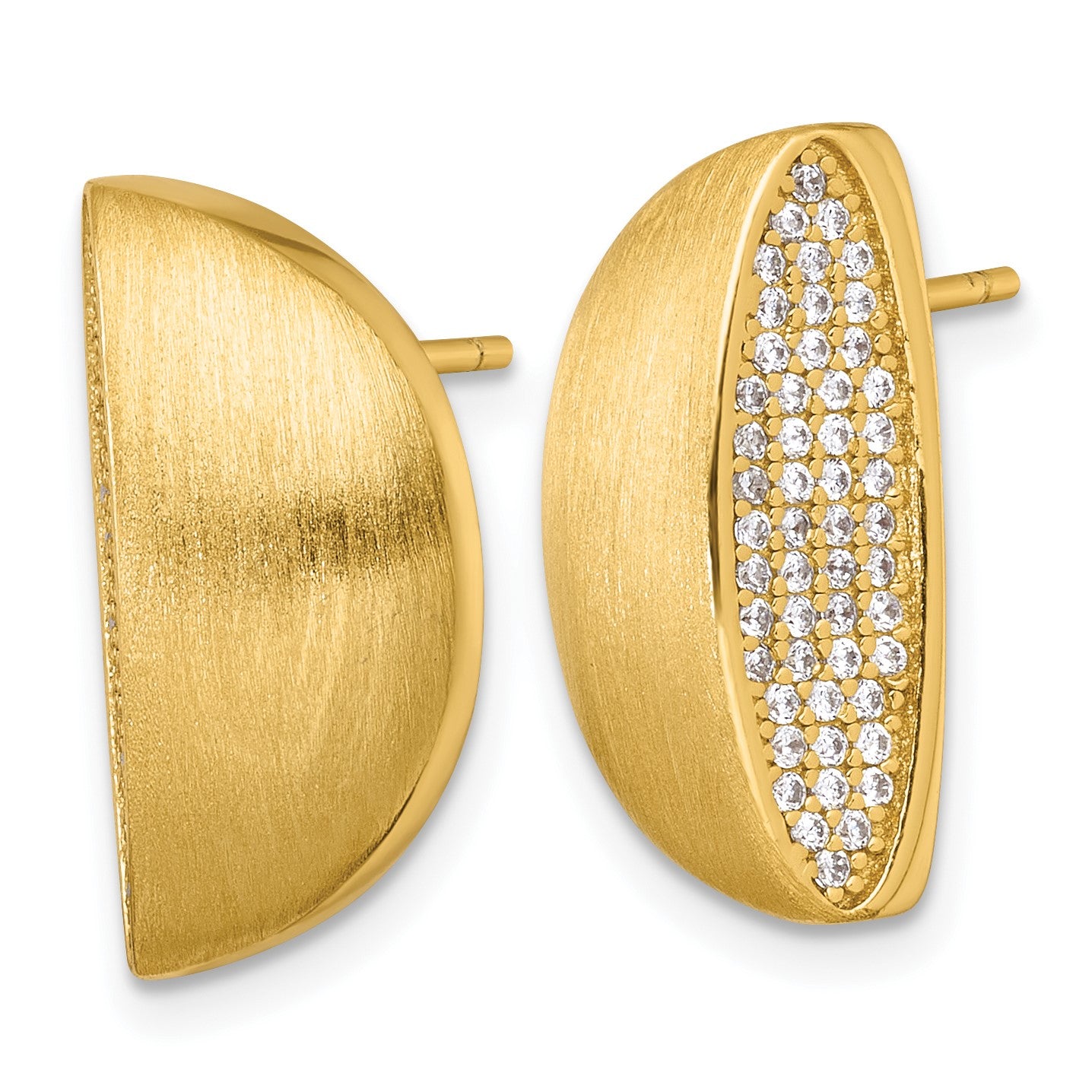 Sterling Silver Gold-tone Polished and Brushed Pave CZ Half Circle Post Earrings