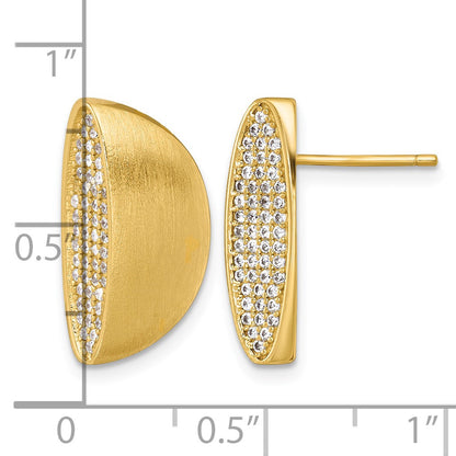Sterling Silver Gold-tone Polished and Brushed Pave CZ Half Circle Post Earrings
