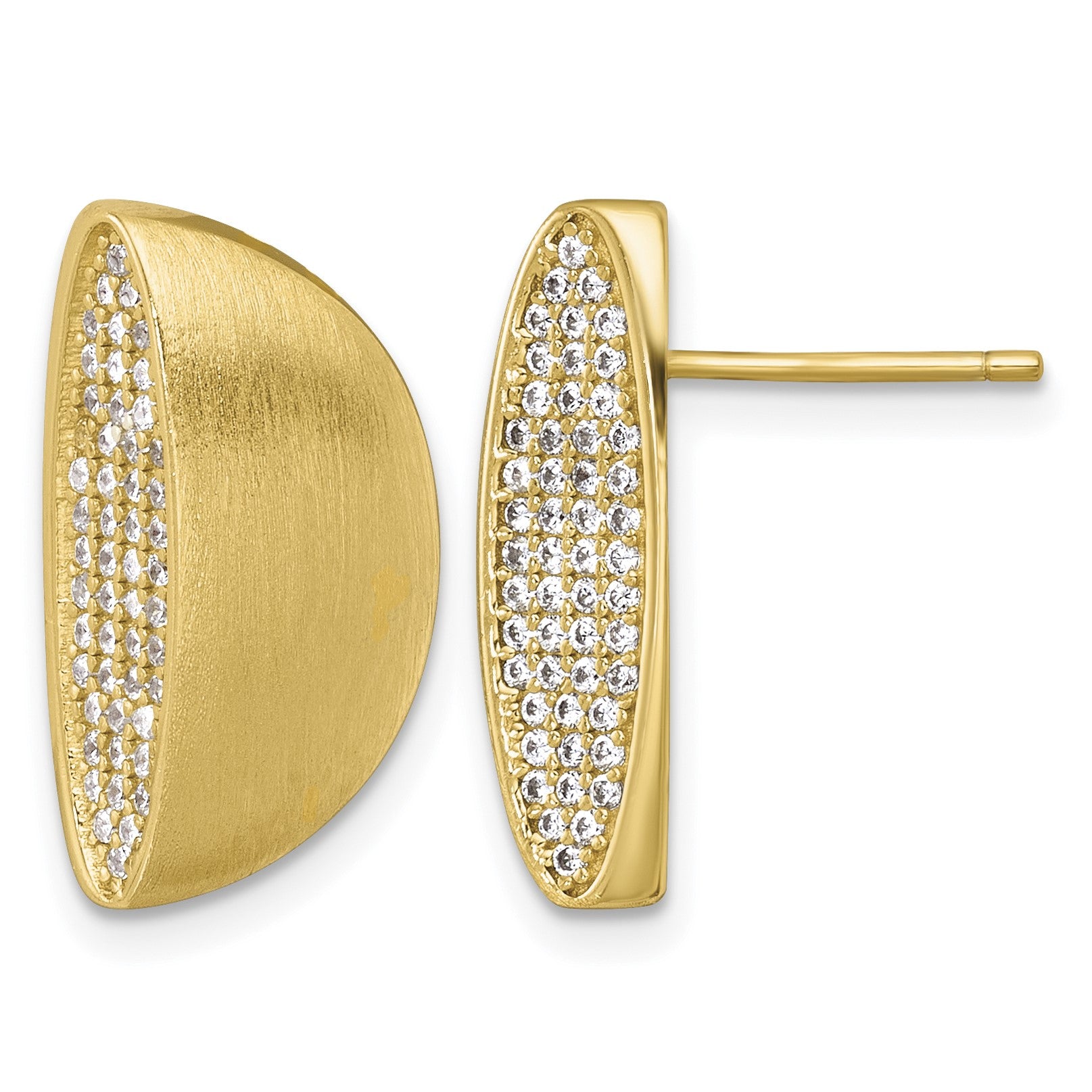 Sterling Silver Gold-tone Polished and Brushed Pave CZ Half Circle Post Earrings