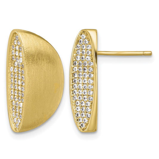Sterling Silver Gold-tone Polished and Brushed Pave CZ Half Circle Post Earrings