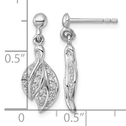 Sterling Silver Rhodium-plated Polished CZ Leaf Dangle Post Earrings
