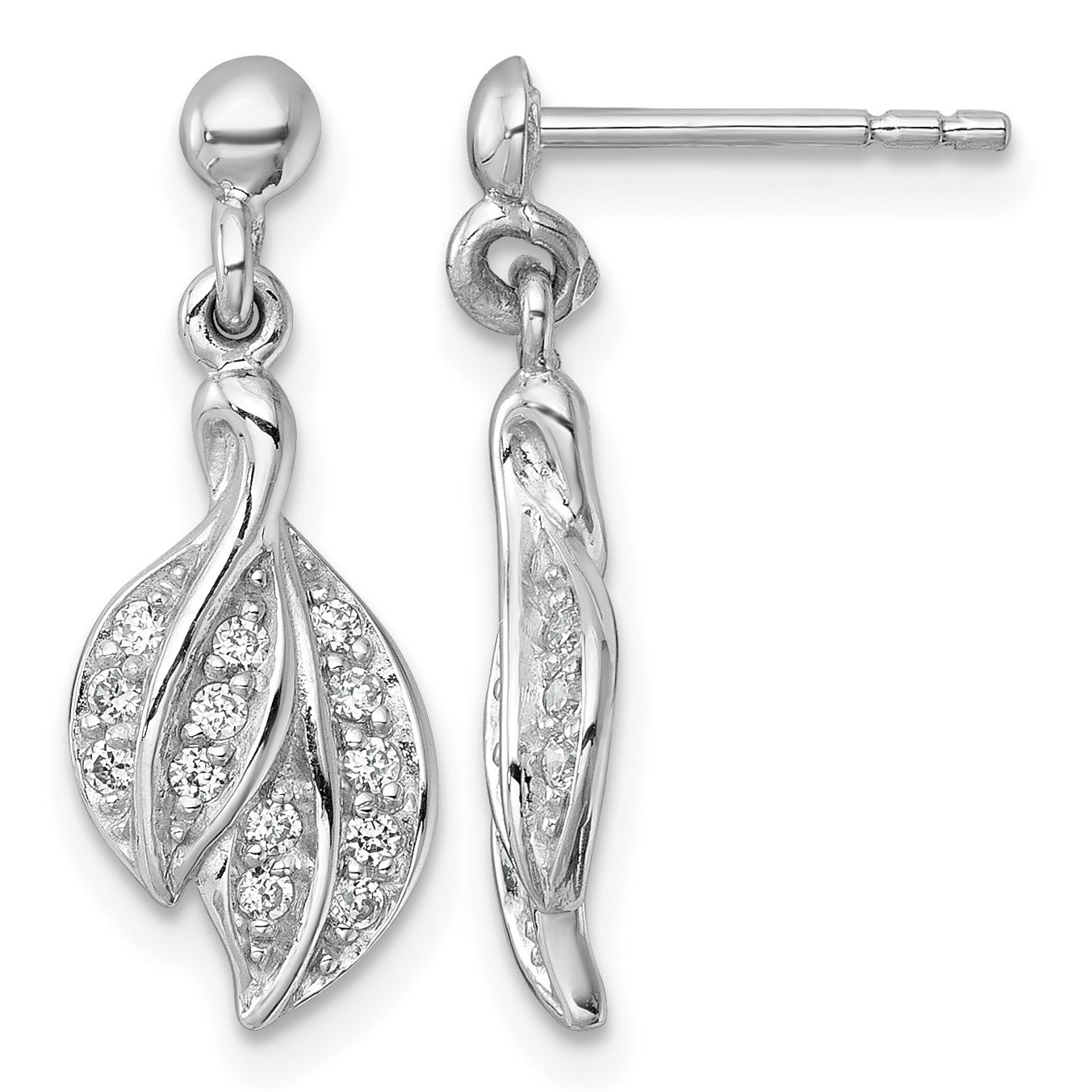 Sterling Silver Rhodium-plated Polished CZ Leaf Dangle Post Earrings
