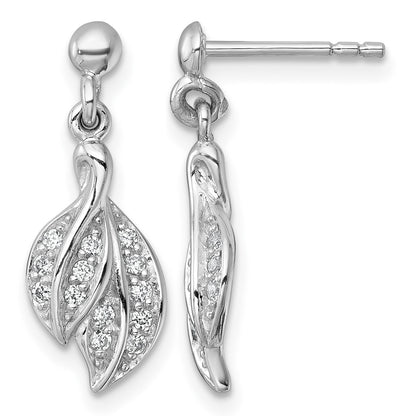 Sterling Silver Rhodium-plated Polished CZ Leaf Dangle Post Earrings