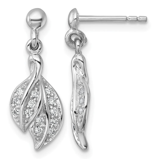 Sterling Silver Rhodium-plated Polished CZ Leaf Dangle Post Earrings