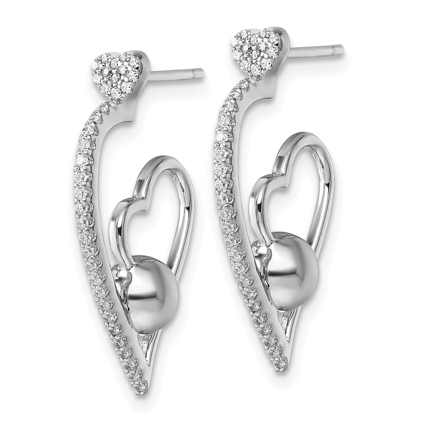 Sterling Silver Rhodium-plated CZ Polished Heart and Bead Post Earrings