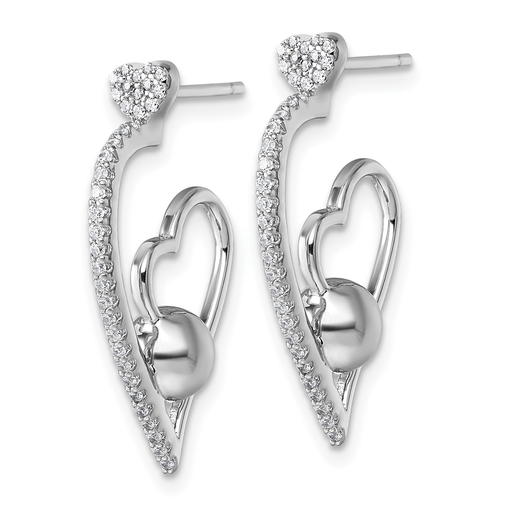 Sterling Silver Rhodium-plated CZ Polished Heart and Bead Post Earrings