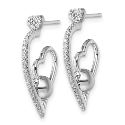 Sterling Silver Rhodium-plated CZ Polished Heart and Bead Post Earrings