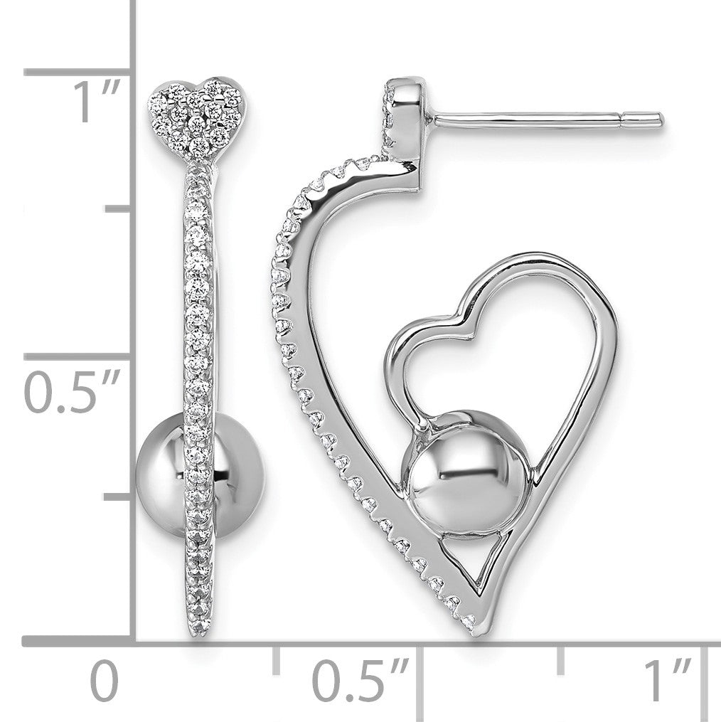 Sterling Silver Rhodium-plated CZ Polished Heart and Bead Post Earrings