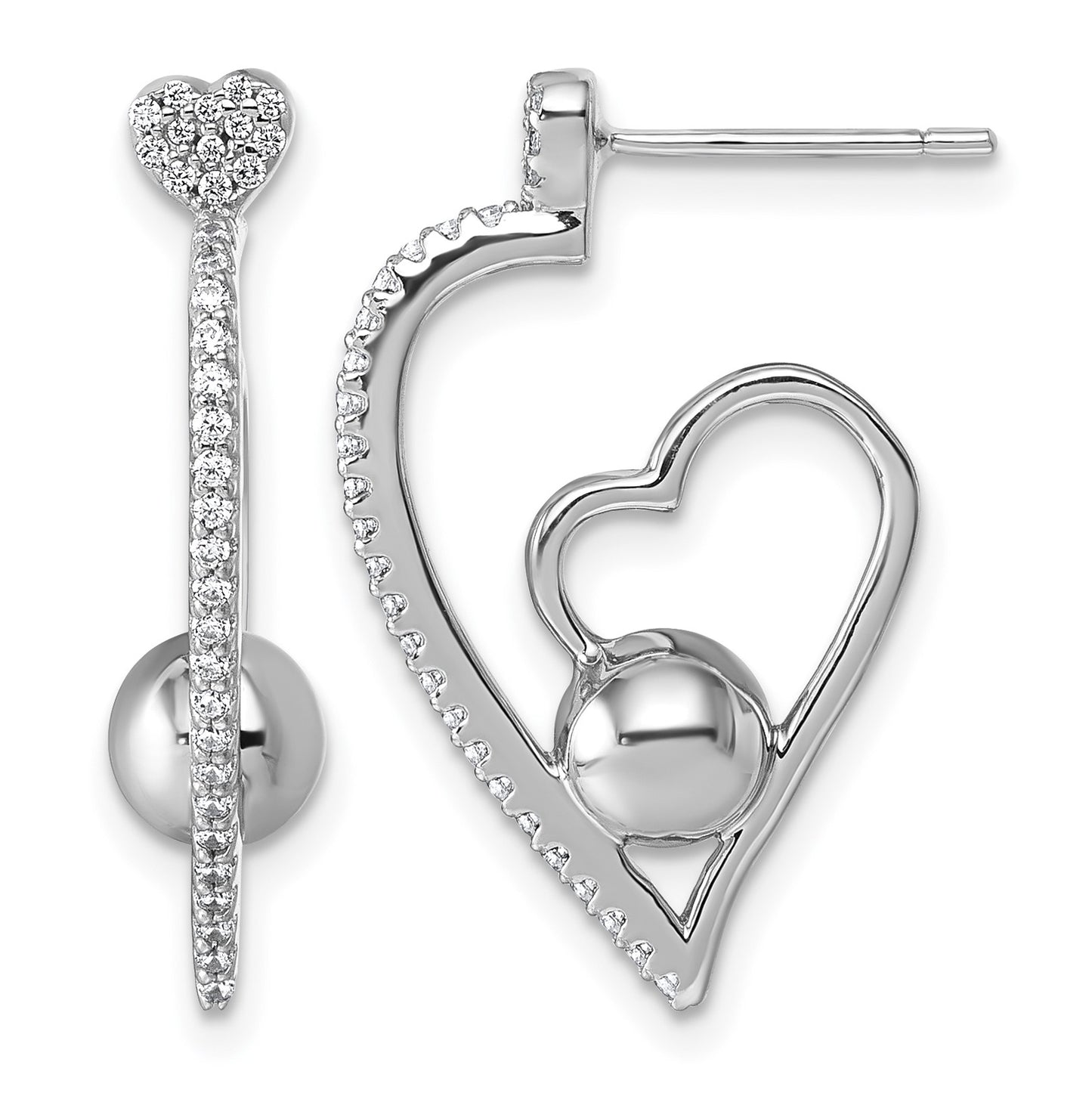 Sterling Silver Rhodium-plated CZ Polished Heart and Bead Post Earrings