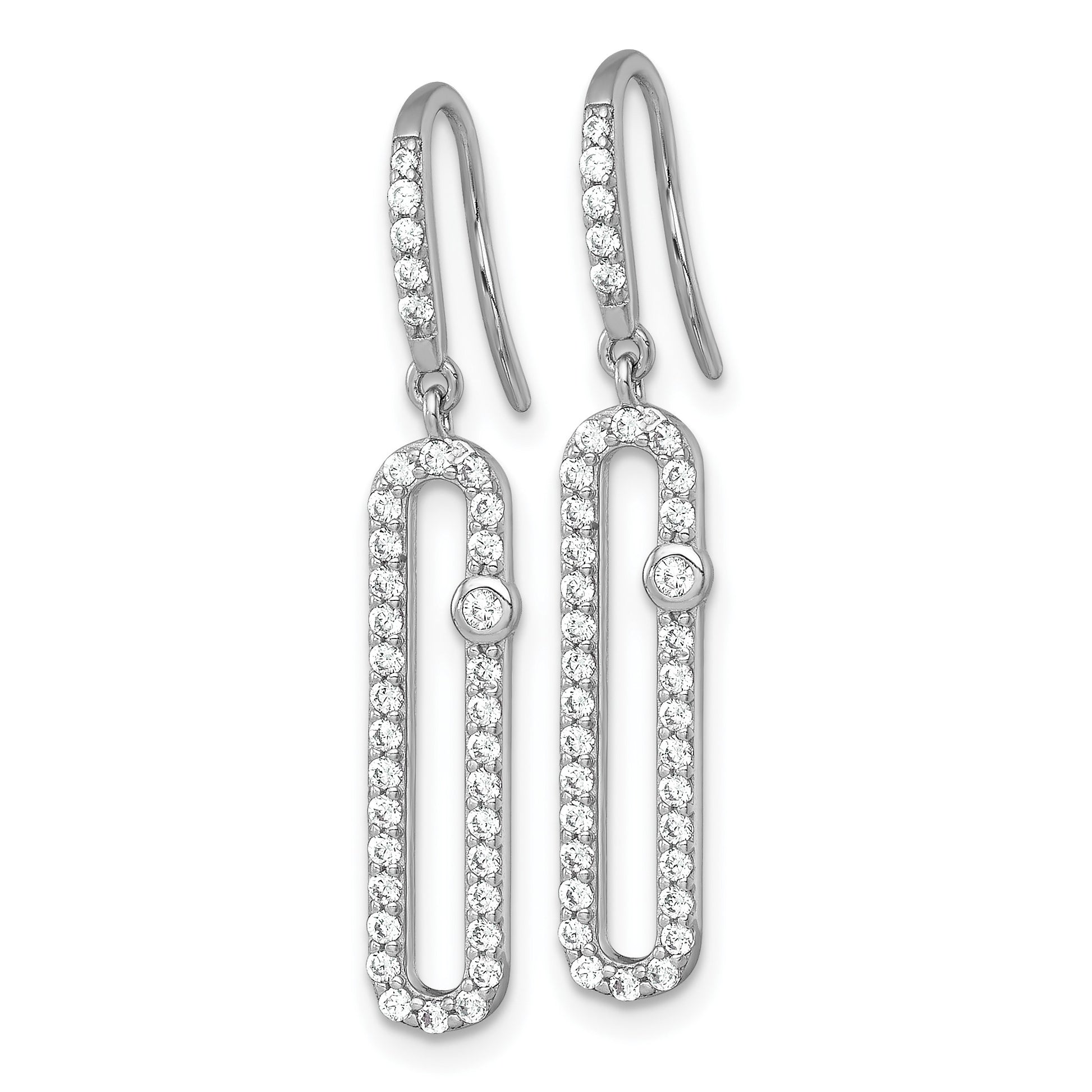 Sterling Silver Rhodium-plated Polished CZ Elongated Link Dangle Shepherd Hook Earrings