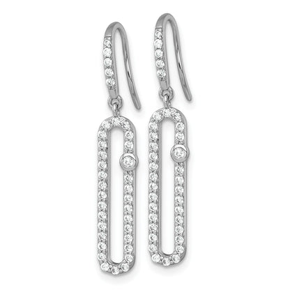 Sterling Silver Rhodium-plated Polished CZ Elongated Link Dangle Shepherd Hook Earrings