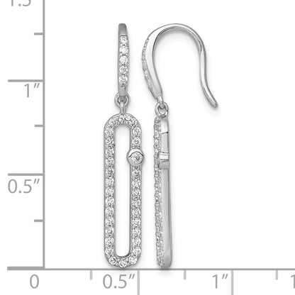 Sterling Silver Rhodium-plated Polished CZ Elongated Link Dangle Shepherd Hook Earrings
