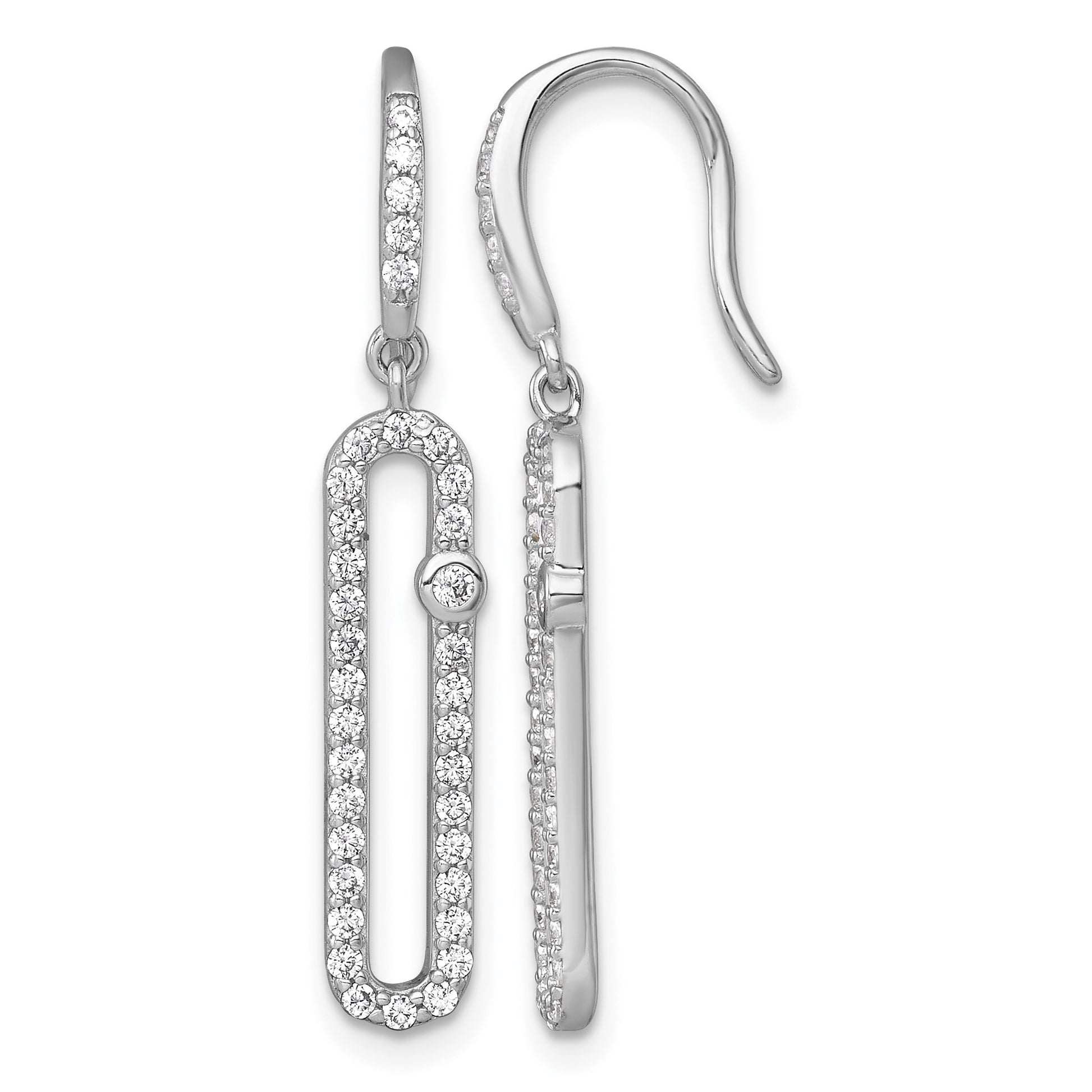 Sterling Silver Rhodium-plated Polished CZ Elongated Link Dangle Shepherd Hook Earrings