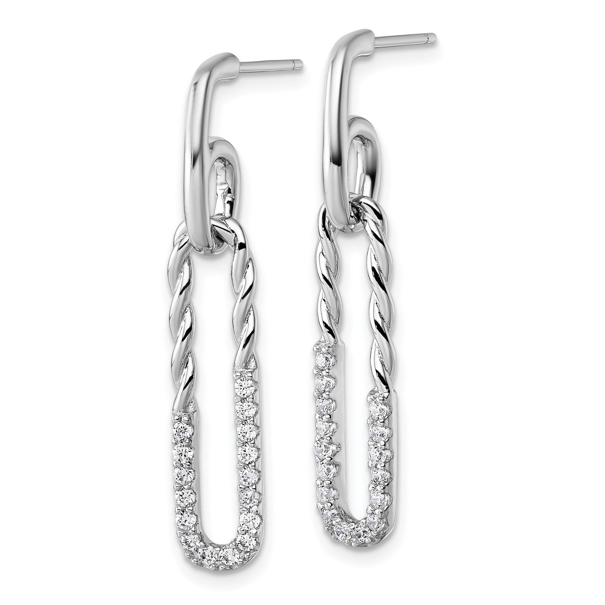 Sterling Silver Rhodium-plated CZ Polished Twisted Paper Clip Dangle Post Earrings