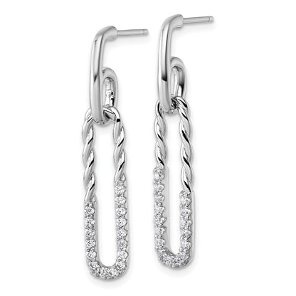 Sterling Silver Rhodium-plated CZ Polished Twisted Paper Clip Dangle Post Earrings