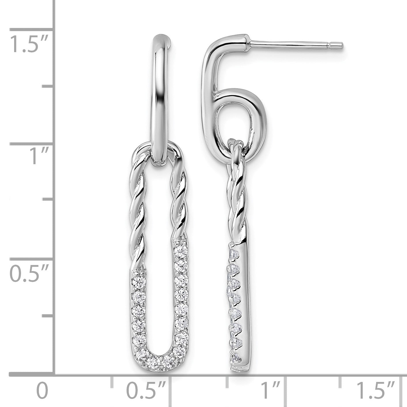 Sterling Silver Rhodium-plated CZ Polished Twisted Paper Clip Dangle Post Earrings