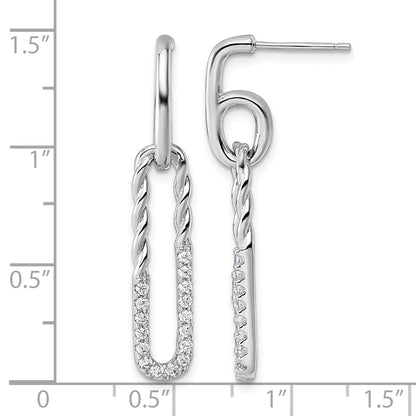 Sterling Silver Rhodium-plated CZ Polished Twisted Paper Clip Dangle Post Earrings