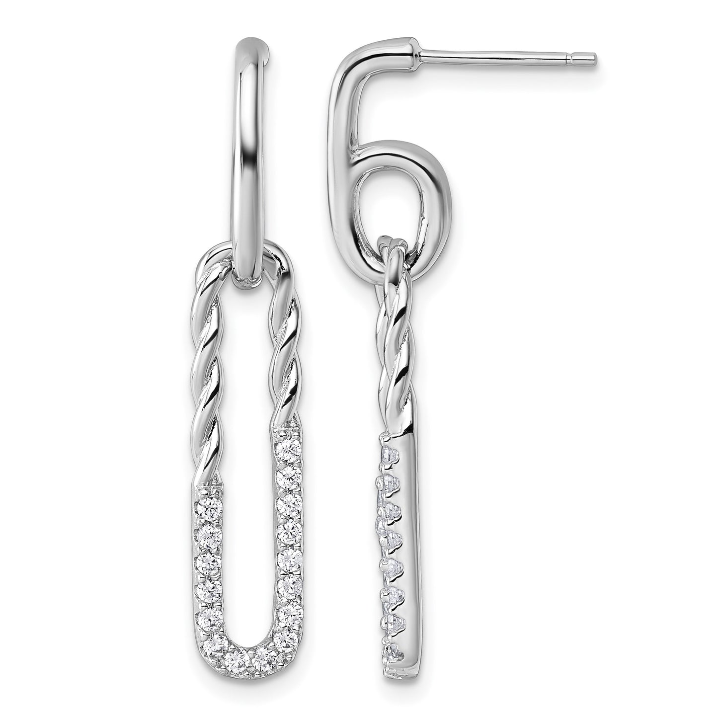 Sterling Silver Rhodium-plated CZ Polished Twisted Paper Clip Dangle Post Earrings