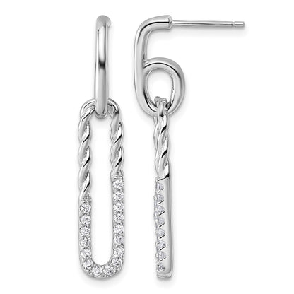 Sterling Silver Rhodium-plated CZ Polished Twisted Paper Clip Dangle Post Earrings