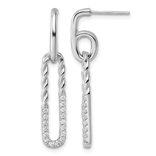 Sterling Silver Rhodium-plated CZ Polished Twisted Paper Clip Dangle Post Earrings