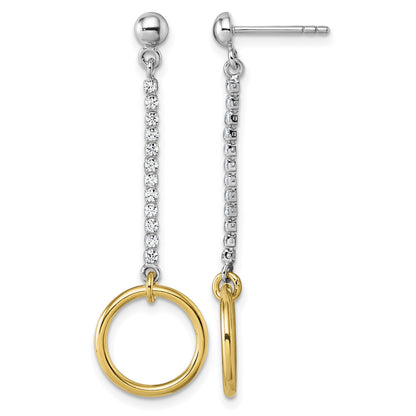 Sterling Silver Rhodium and Gold-plated CZ Circle Dangle Post Earrings