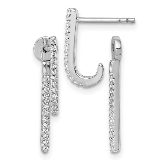 Sterling Silver Rhodium-plated CZ Front and Back Dangle J-Hoop Post Earrings