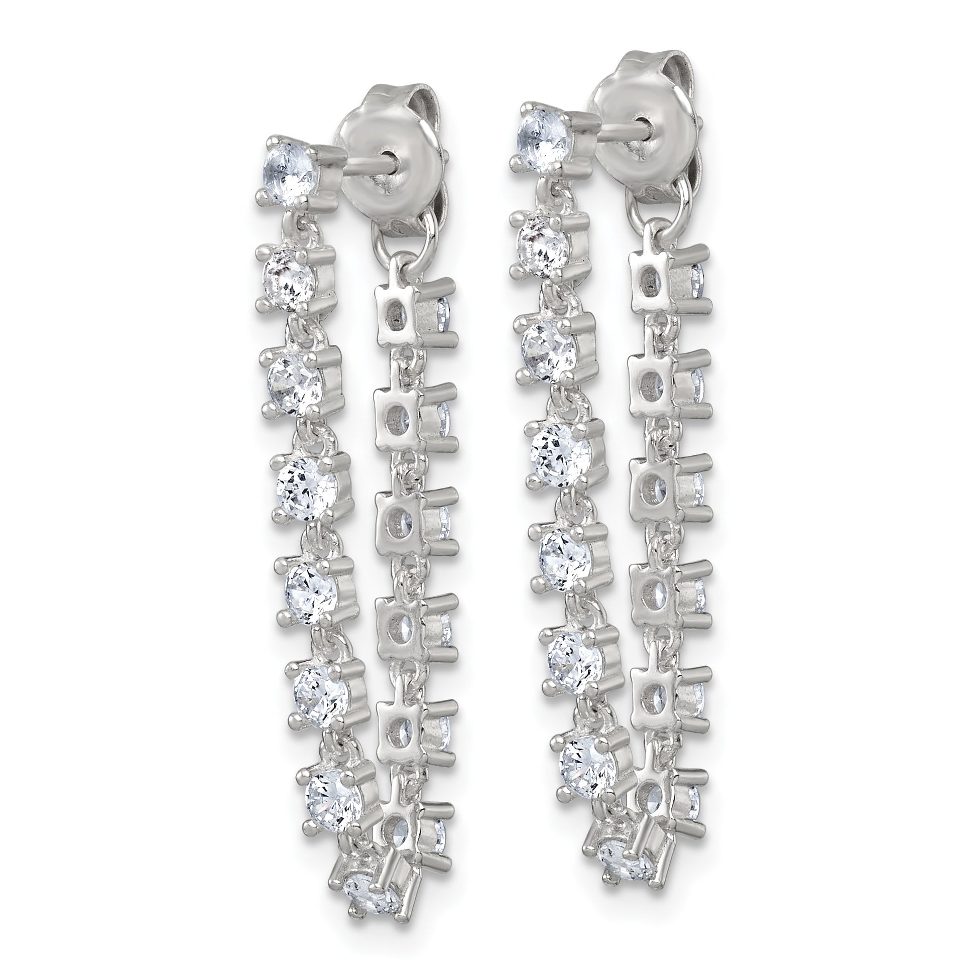 Sterling Silver Polished CZ Line Front and Back Post Dangle Earrings