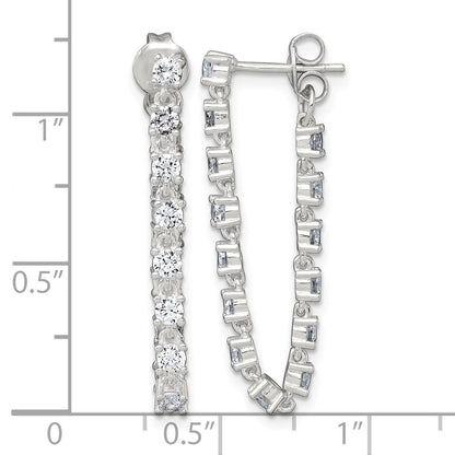 Sterling Silver Polished CZ Line Front and Back Post Dangle Earrings