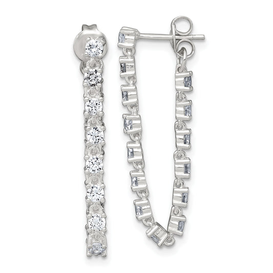 Sterling Silver Polished CZ Line Front and Back Post Dangle Earrings