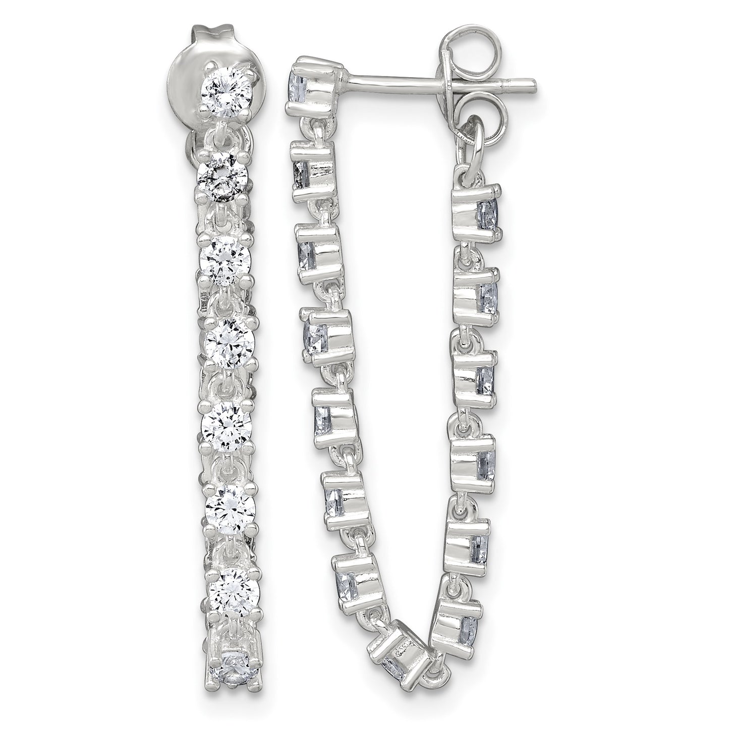 Sterling Silver Polished CZ Line Front and Back Post Dangle Earrings