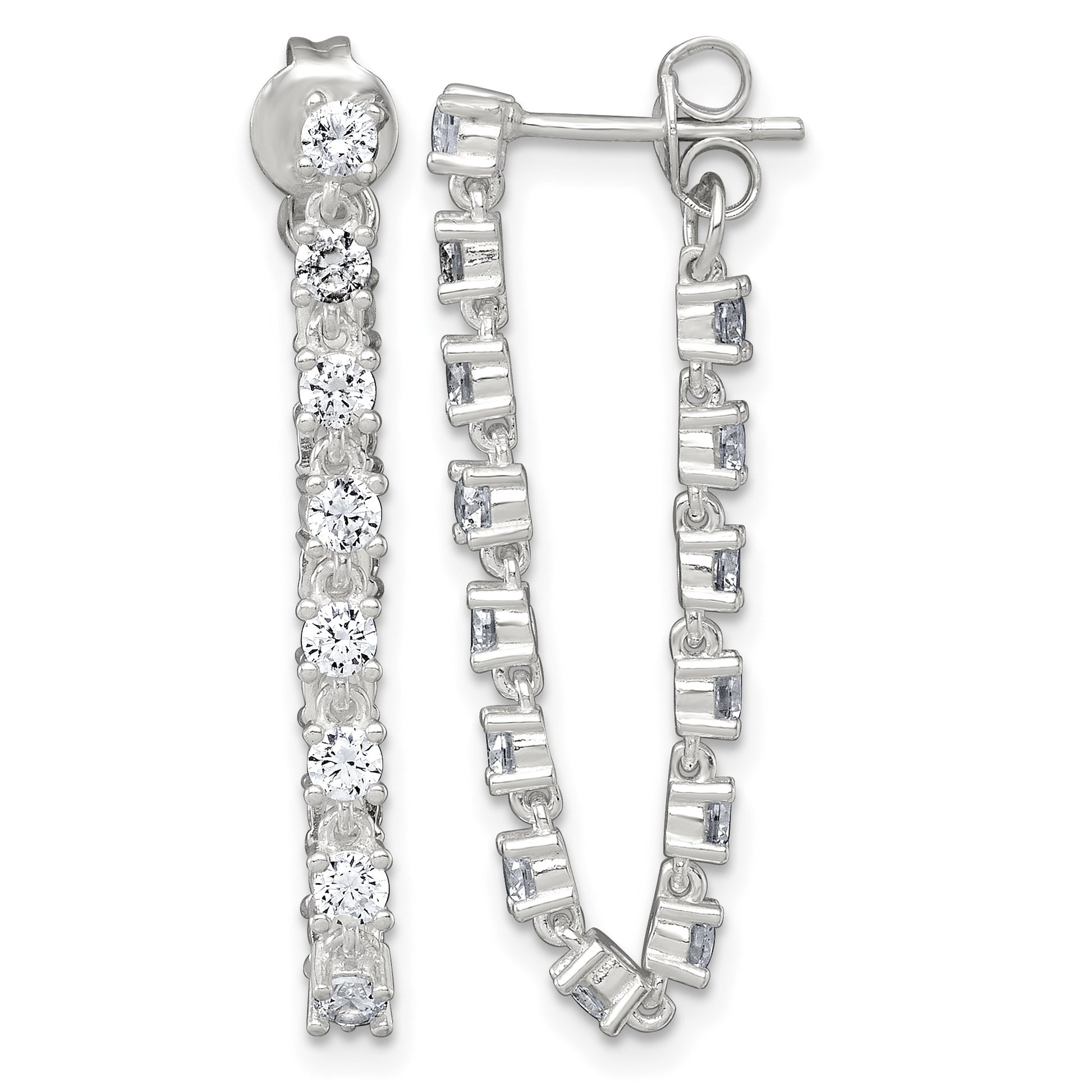 Sterling Silver Polished CZ Line Front and Back Post Dangle Earrings