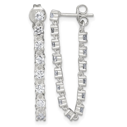 Sterling Silver Polished CZ Line Front and Back Post Dangle Earrings