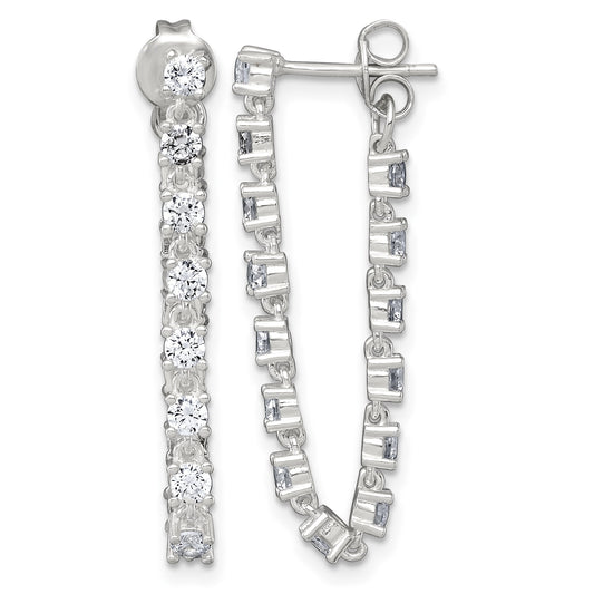 Sterling Silver Polished CZ Line Front and Back Post Dangle Earrings