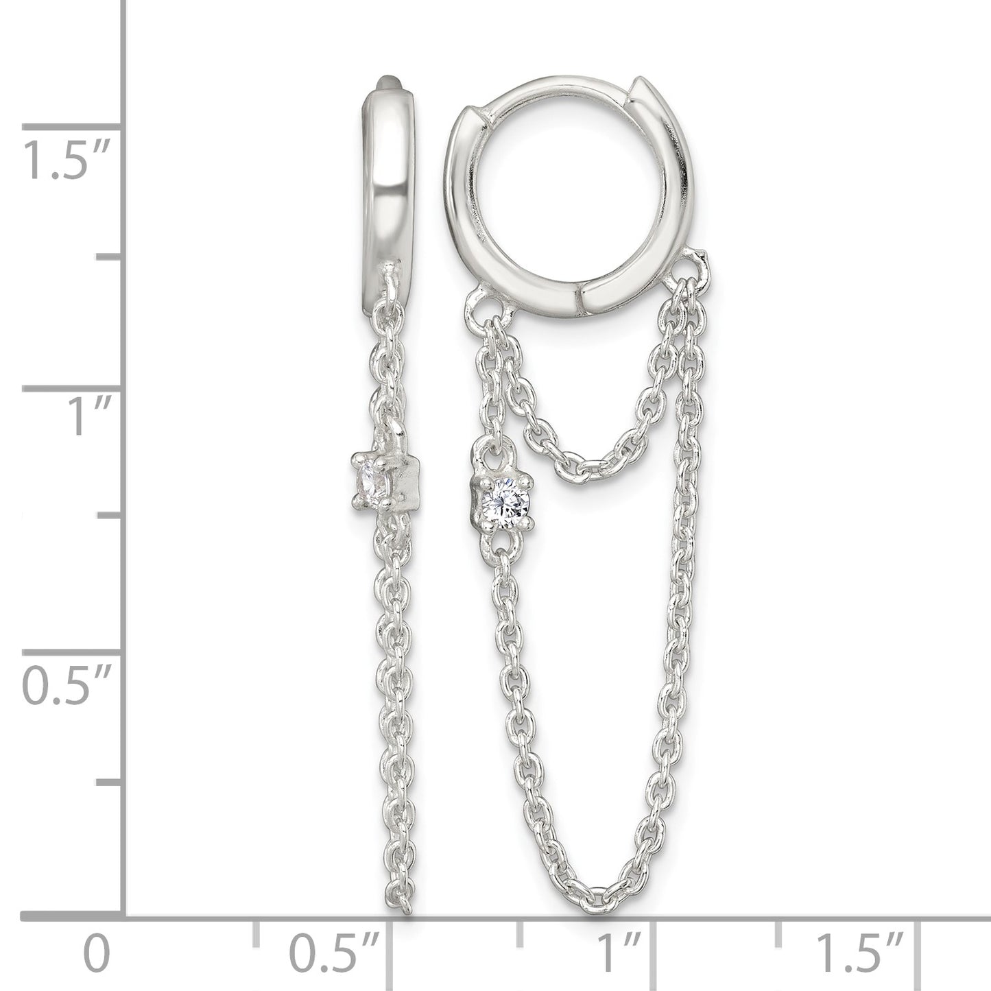 Sterling Silver Polished White CZ Dangling Chain Round Hinged Hoop Earrings