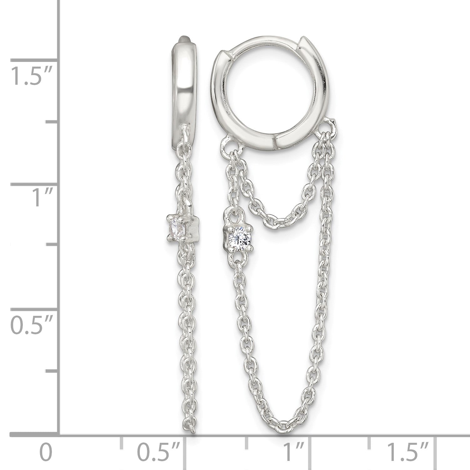 Sterling Silver Polished White CZ Dangling Chain Round Hinged Hoop Earrings
