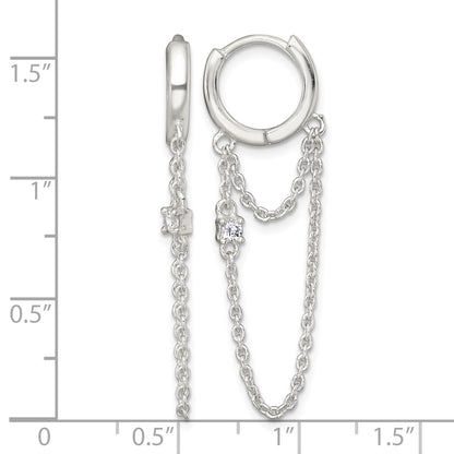 Sterling Silver Polished White CZ Dangling Chain Round Hinged Hoop Earrings