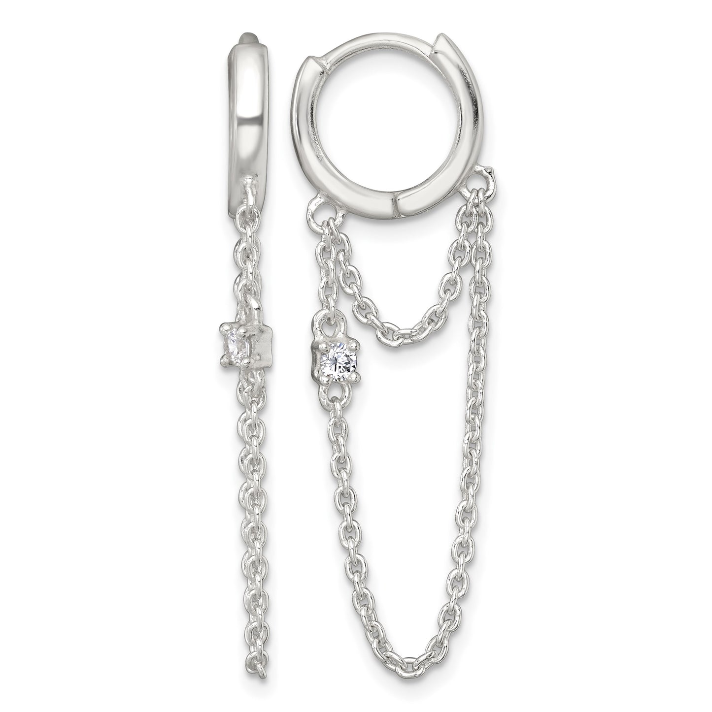 Sterling Silver Polished White CZ Dangling Chain Round Hinged Hoop Earrings