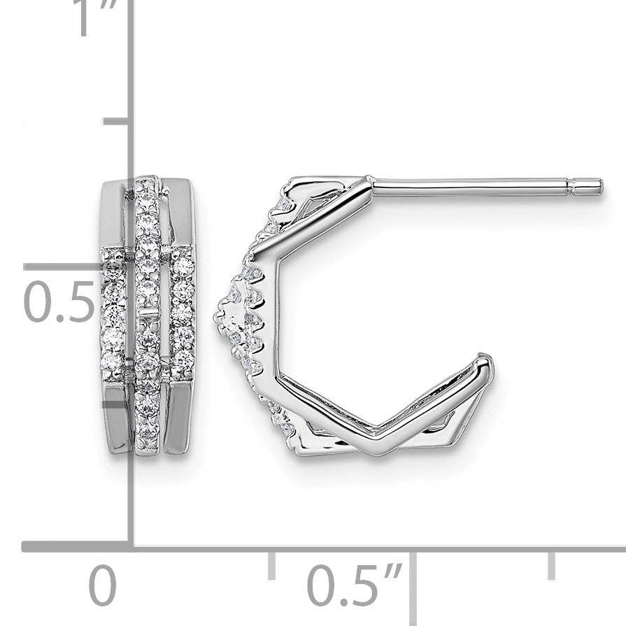 Sterling Silver Rhodium-plated CZ 3-Row Polished J-Hoop Post Earrings