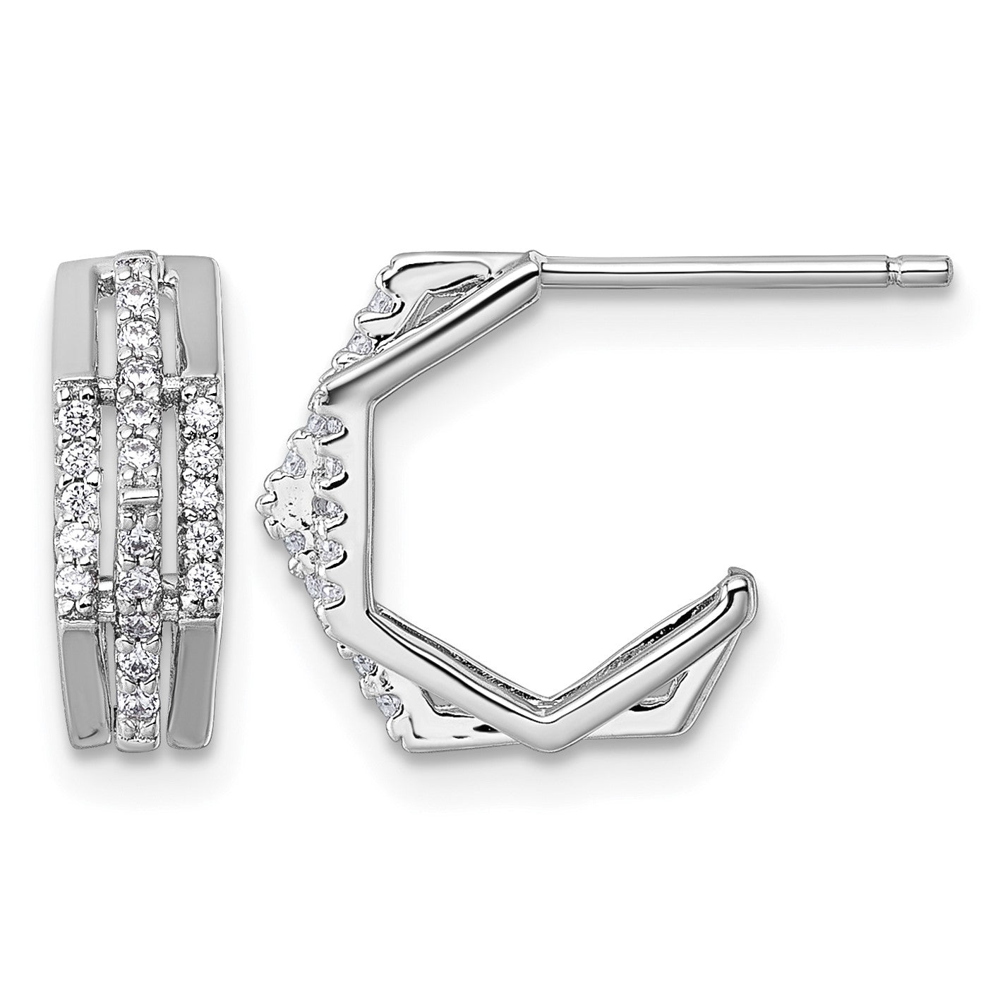 Sterling Silver Rhodium-plated CZ 3-Row Polished J-Hoop Post Earrings