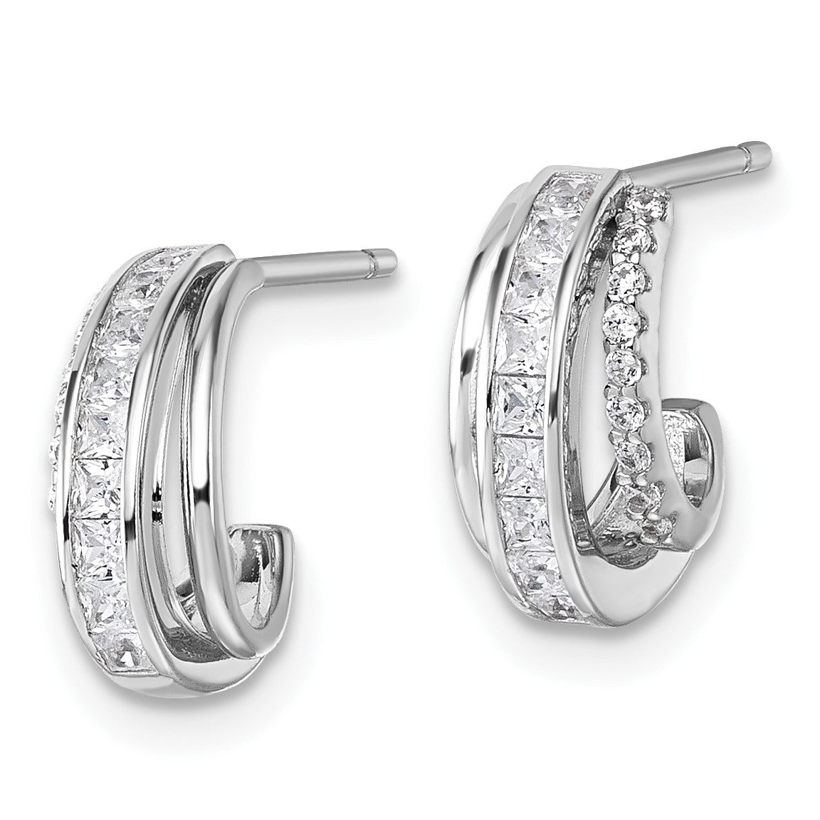 Sterling Silver Rhodium-plated CZ 3-Row Polished J-Hoop Post Earrings