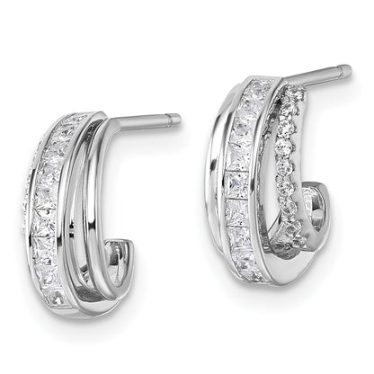 Sterling Silver Rhodium-plated CZ 3-Row Polished J-Hoop Post Earrings
