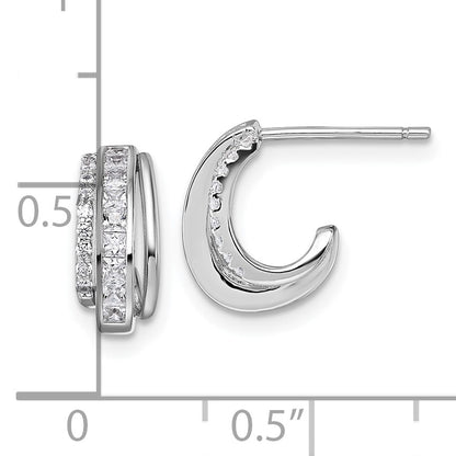 Sterling Silver Rhodium-plated CZ 3-Row Polished J-Hoop Post Earrings