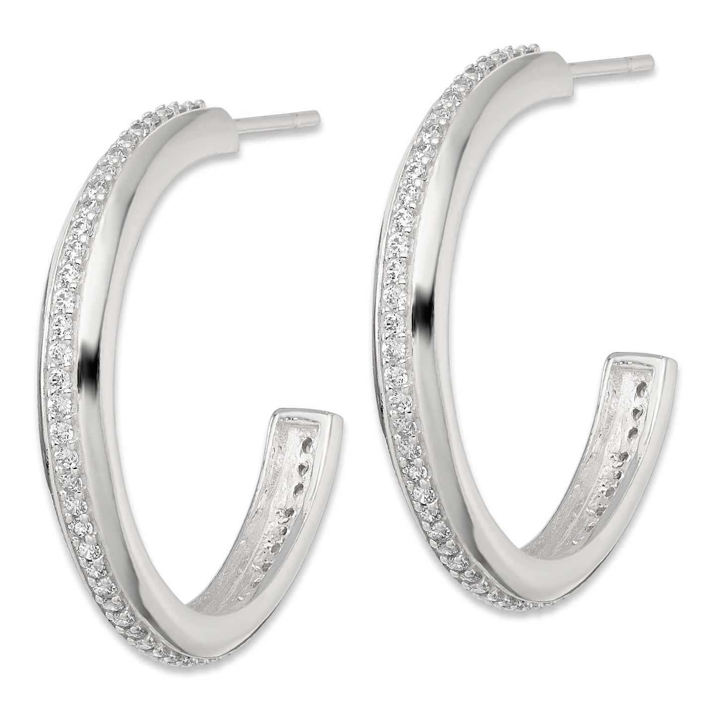 Sterling Silver Polished 26.5x3.5mm CZ Post C-Hoop Earrings