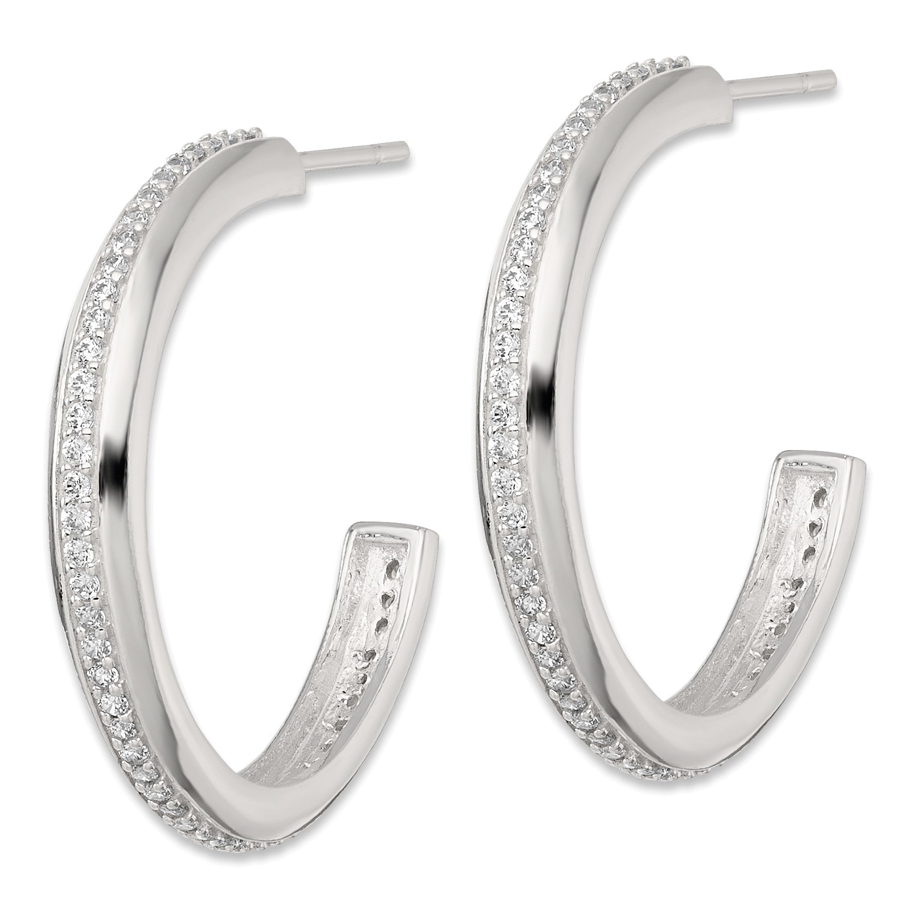 Sterling Silver Polished 26.5x3.5mm CZ Post C-Hoop Earrings