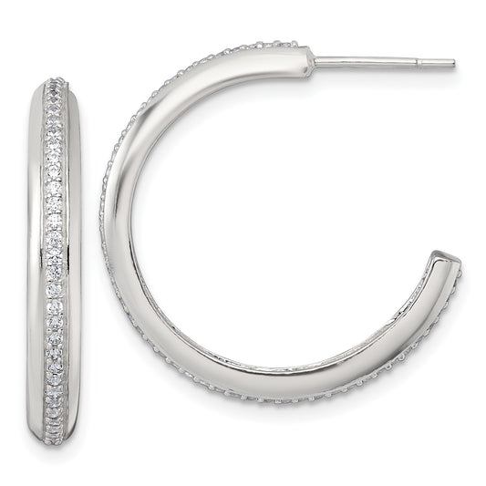 Sterling Silver Polished 26.5x3.5mm CZ Post C-Hoop Earrings