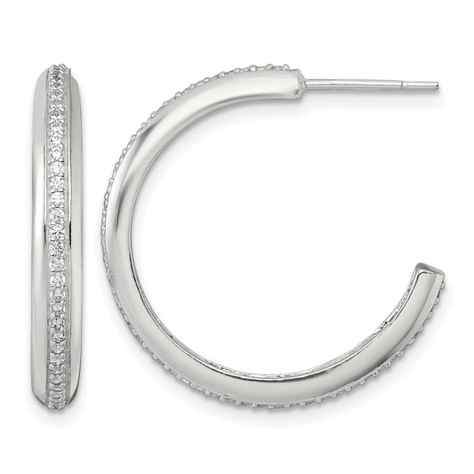 Sterling Silver Polished 26.5x3.5mm CZ Post C-Hoop Earrings