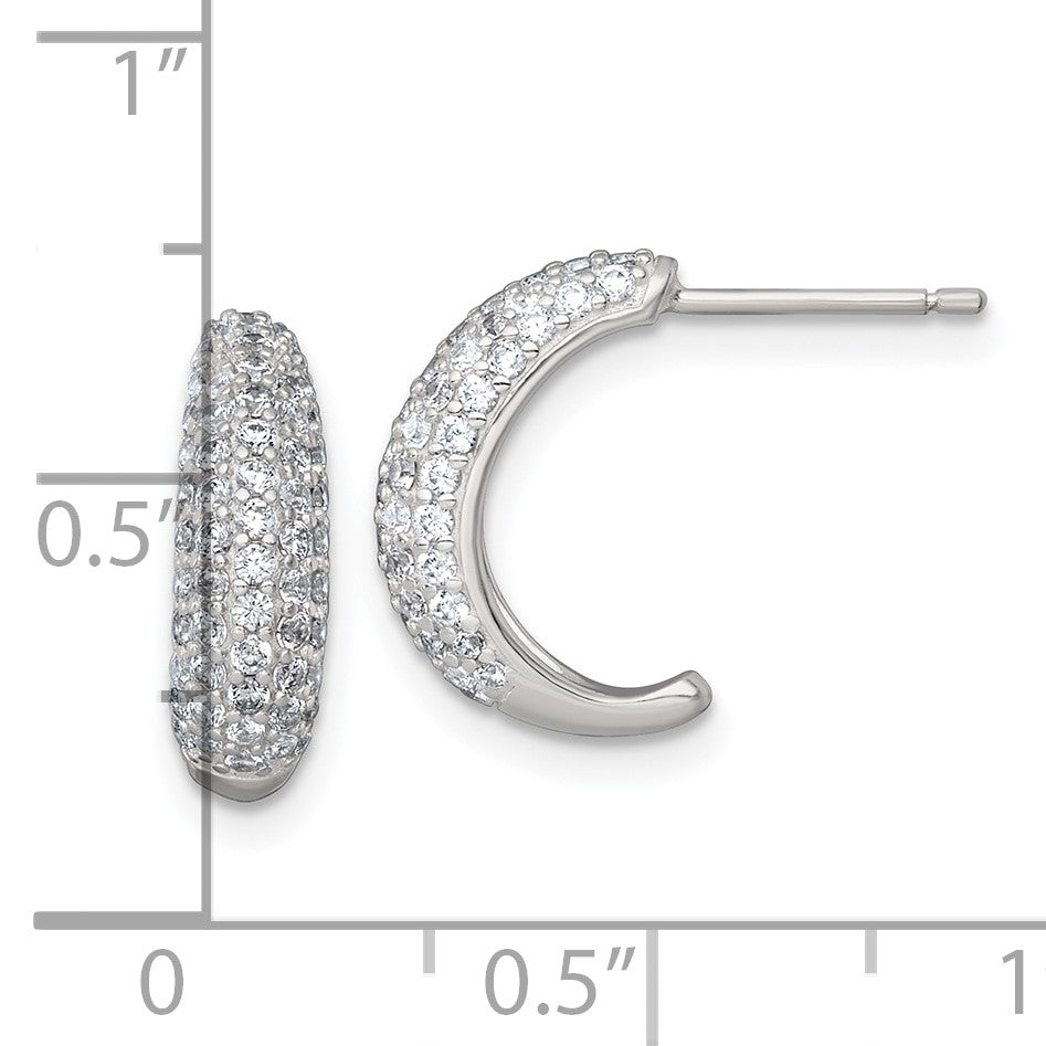 Sterling Silver Polished Pave CZ Post J-Hoop Earrings